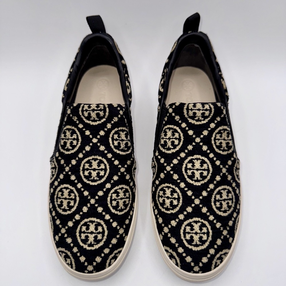 Tory Burch Monogram Soft Embossed Sneakers Women's Size 7.5 Black Chenille - Picture 10 of 13